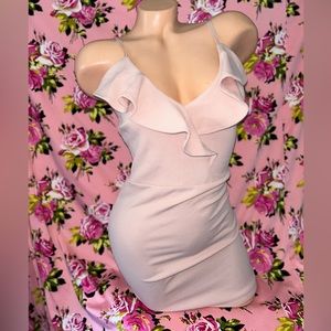 Bodycon nude blush dress fitted ruffle surplice pink stretchy formal work cute